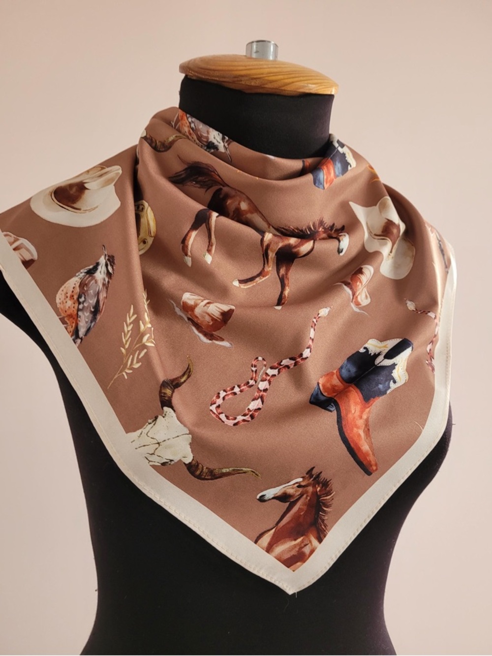 Western Motif Square Scarf in Brown and Cream
